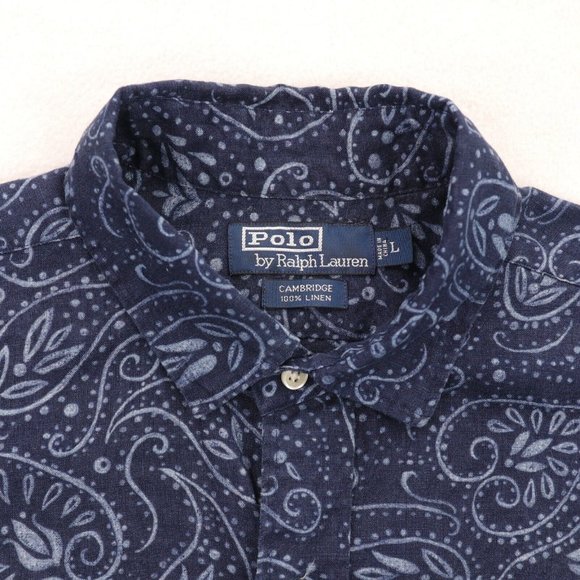 Polo Ralph Lauren Shirt Men's Large Blue Paisley Cambridge 100% Linen Vintage - Picture 3 of 4